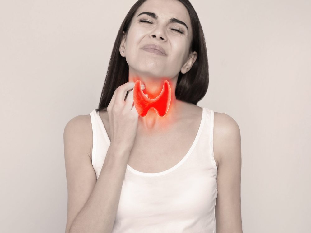 Woman with thyroid gland disease on grey background Woman with thyroid gland disease on grey background