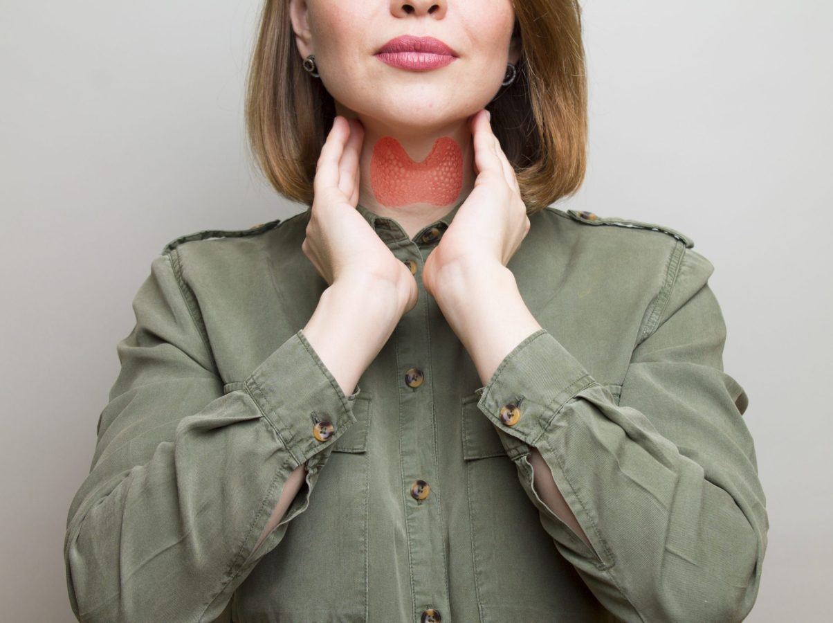 Female checking thyroid gland by herself. Thyroid disorder includes goiter, hyperthyroid, hypothyroid, tumor or cancer. Health care